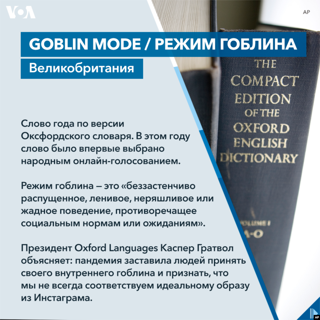 Слово года по версии Оксфордского словаря. В этом году слово было впервые выбрано народным онлайн-голосованием. Режим гоблина &mdash; это&nbsp; &laquo;беззастенчиво распущенное, ленивое, неряшливое или жадное поведение, противоречащее социальным нормам или ожиданиям&raquo;. Президент Oxford Languages Каспер Гратвол объясняет: пандемия заставила людей принять своего внутреннего гоблина и признать, что мы не всегда соответствуем идеальному образу из Инстаграма.&nbsp;&nbsp;