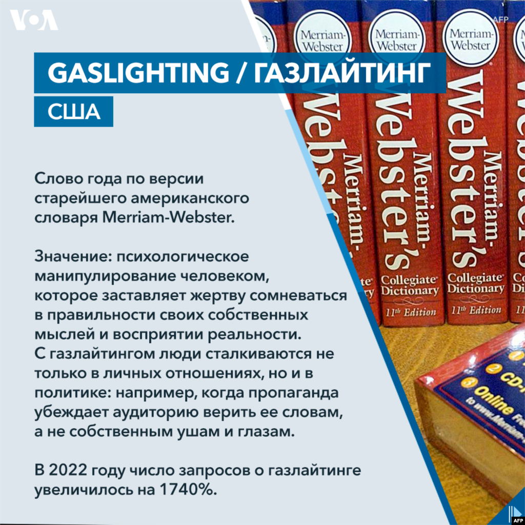 Слово года по версии старейшего американского словаря Merriam-Webster.&nbsp;&nbsp; Значение: Психологическое манипулирование человеком, которое заставляет жертву сомневаться в правильности своих собственных мыслей и восприятии реальности. С газлайтингом люди сталкиваются не только в личных отношениях, но и в политике: например, когда пропаганда убеждает аудиторию верить ее словам, а не собственным ушам и глазам.&nbsp; В 2022 году число запросов о газлайтинге увеличилось на 1740%.&nbsp;&nbsp;